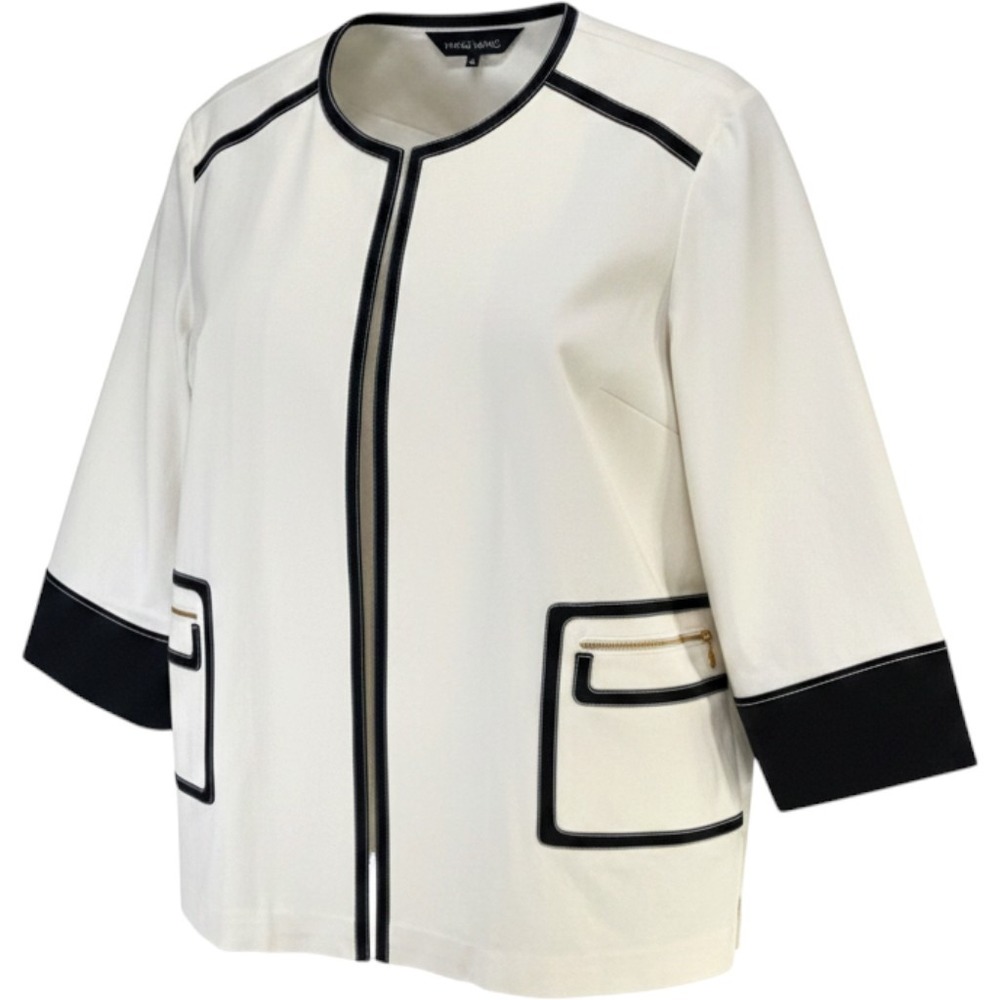 Ming Wang Open Front Blazer Jacket Womens XL Ivory Black‎ Pockets Career Office